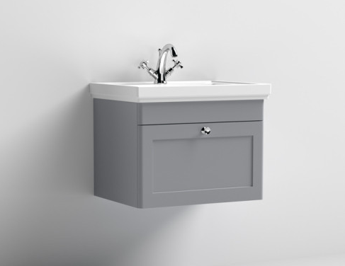 Nuie Classique Satin Grey 600mm 1-Drawer Wall Hung Unit & Basin